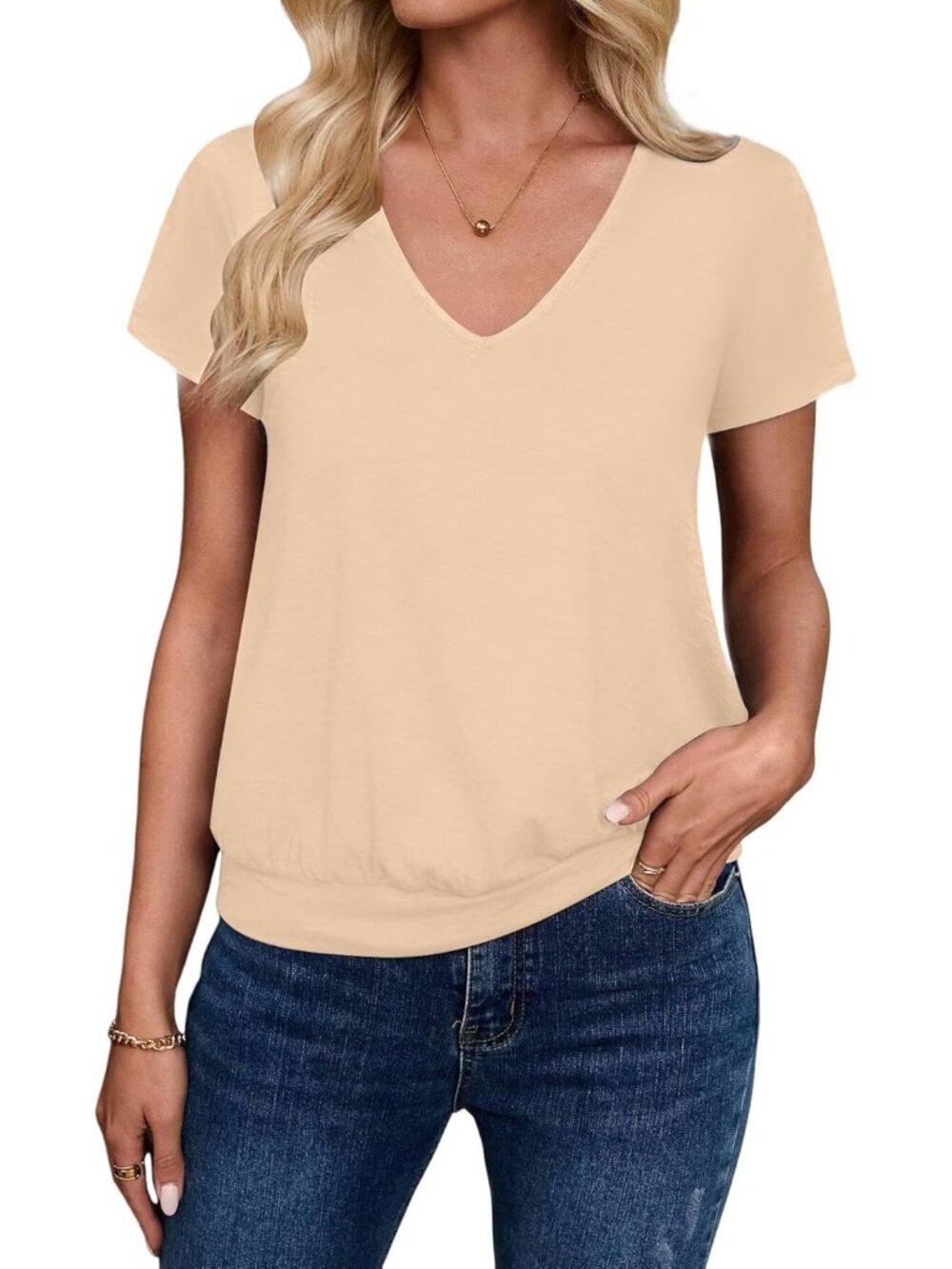 Women's Apricot V Neck Banded Bottom Short Sleeve T Shirts Summer Casual Tops
